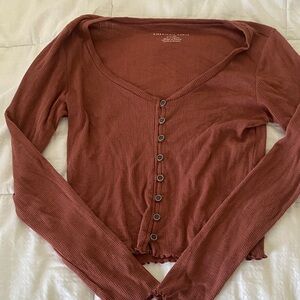 American Eagle Outfitters Rust Button-Front Ribbed Long Sleeve Top